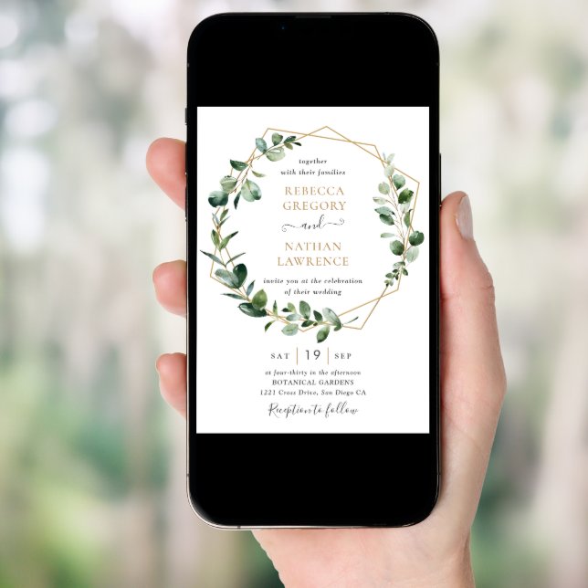 Eucalyptus Greenery Gold Geometric Frame Wedding Invitation (Front Digital)