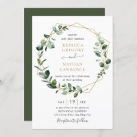 Eucalyptus Greenery Gold Geometric Frame Wedding Invitation
