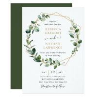 Eucalyptus Greenery Gold Geometric Frame Wedding Invitation