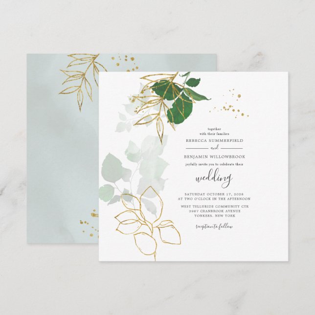 Eucalyptus Greenery Gold Geometric Leaves Wedding Invitation (Front/Back)