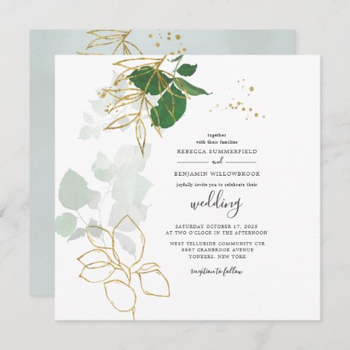 Eucalyptus Greenery Gold Geometric Leaves Wedding Invitation