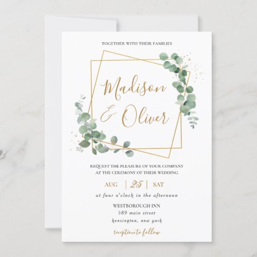 Eucalyptus Greenery Gold Geometric Modern Wedding  Invitation