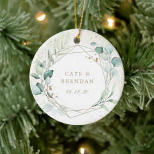 Eucalyptus Greenery Gold Geometric Newlywed Photo Ceramic Ornament