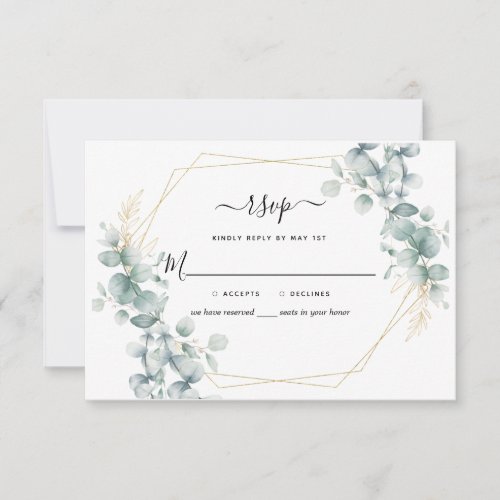 Eucalyptus Greenery Gold Geometric Rustic Wedding RSVP Card