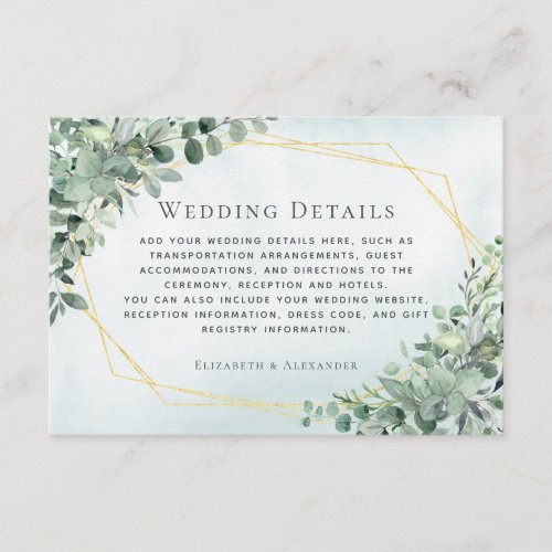 Eucalyptus Greenery Gold Geometric Wedding Details Enclosure Card