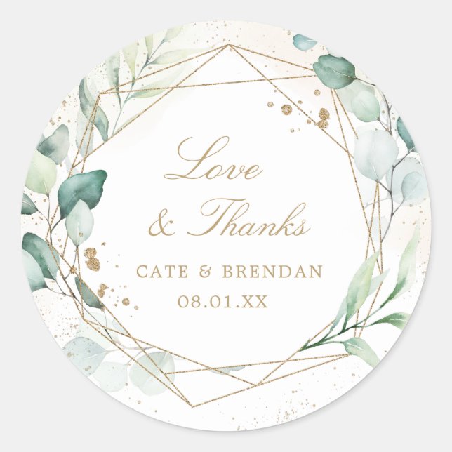 Eucalyptus Greenery Gold Geometric Wedding Favor Classic Round Sticker (Front)