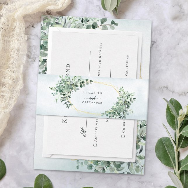 Eucalyptus Greenery Gold Geometric Wedding Invitation Belly Band (Creator Uploaded)