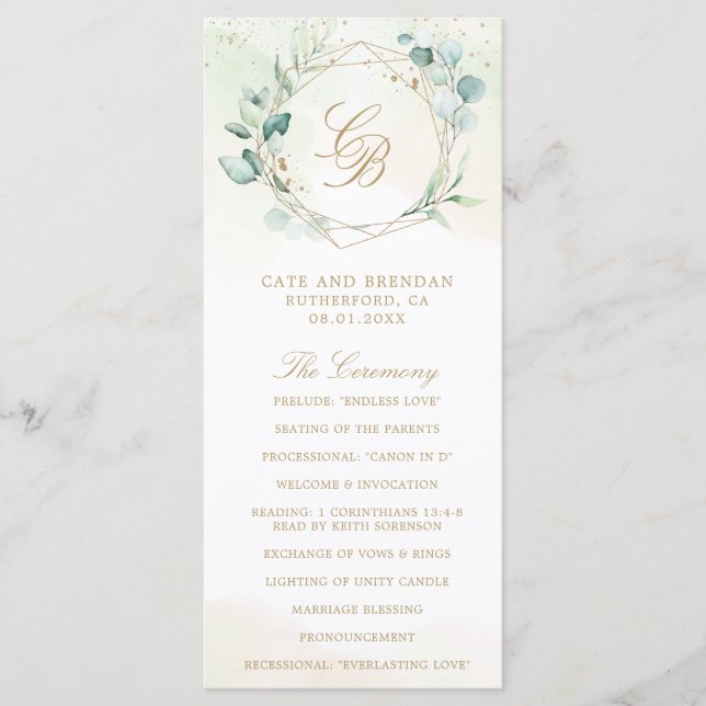 Eucalyptus Greenery Gold Geometric Wedding Program (Front)