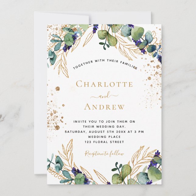 Eucalyptus greenery gold glitter elegant wedding invitation (Front)