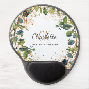 Eucalyptus greenery gold glitter monogram name gel mouse pad