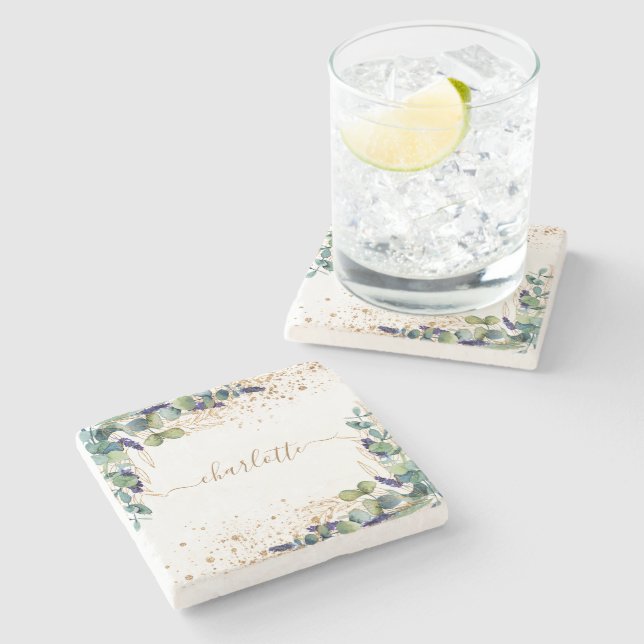 Eucalyptus greenery gold glitter name script stone coaster (Side)
