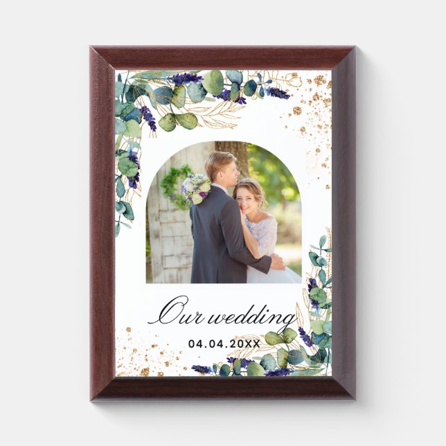 Eucalyptus greenery gold glitter photo wedding award plaque (Vertical)