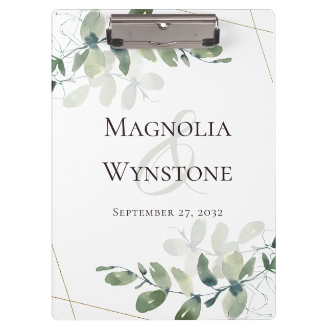 Eucalyptus Greenery Gold Glitter Wedding Monogram Clipboard (Front)