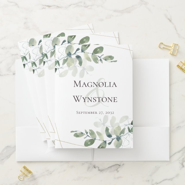 Eucalyptus Greenery Gold Glitter Wedding Pocket Folder (In Situ)