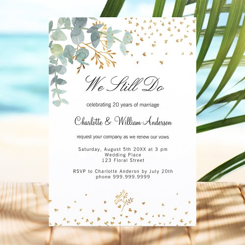 Eucalyptus greenery gold hearts vow renewal invitation postcard