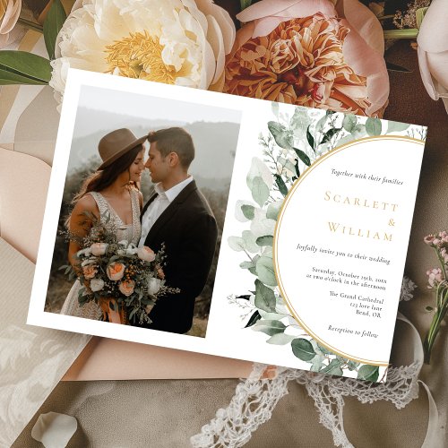 Eucalyptus Greenery Gold Horizontal Photo Wedding Invitation