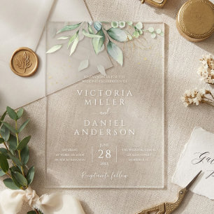 Eucalyptus Greenery Gold Leaves Botanical Wedding Acrylic Invitations
