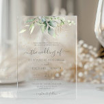 Eucalyptus Greenery Gold Leaves Botanical Wedding Acrylic Invitations<br><div class="desc">Captivate your guests with this ethereal wedding invitation design, showcasing beautiful hand-painted watercolor eucalyptus and soft green leaves accented with delicate gold splatter effects. The personalized text, which features a graceful mix of classic and script fonts, appears to float against a subtle, crystal clear acrylic background. This elegant, translucent look...</div>