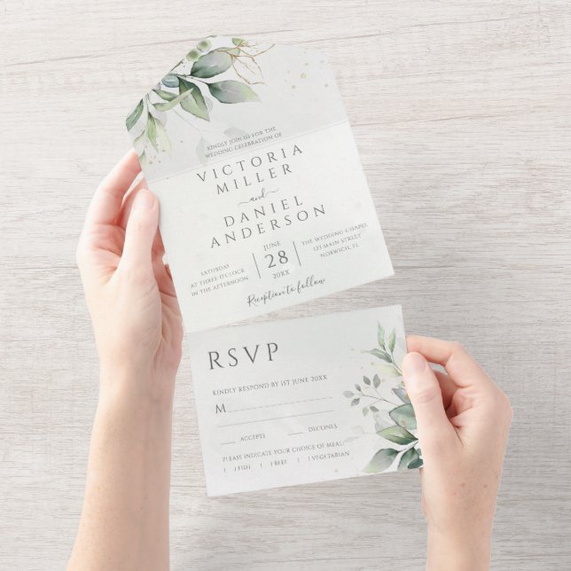 Eucalyptus Greenery Gold Leaves Botanical Wedding All In One Invitation (Tearaway)