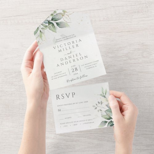 Eucalyptus Greenery Gold Leaves Botanical Wedding All In One Invitation