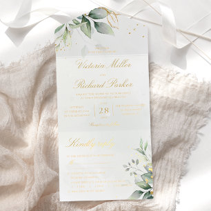 Eucalyptus Greenery Gold Leaves Botanical Wedding All In One Invitation