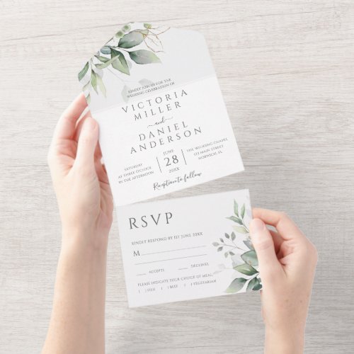 Eucalyptus Greenery Gold Leaves Botanical Wedding All In One Invitation