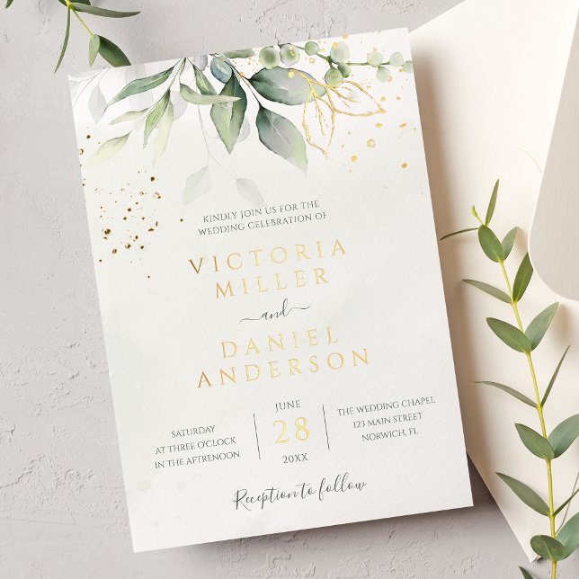 Eucalyptus Greenery Gold Leaves Botanical Wedding Foil Invitation (Creator Uploaded)