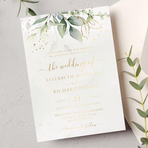 Eucalyptus Greenery Gold Leaves Botanical Wedding Foil Invitation