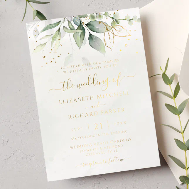 Eucalyptus Greenery Gold Leaves Botanical Wedding Foil Invitation | Zazzle