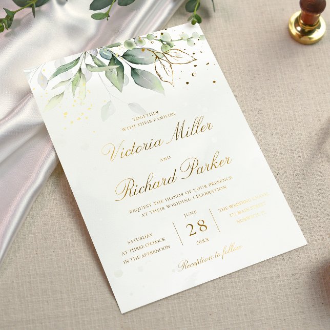 Eucalyptus Greenery Gold Leaves Botanical Wedding Foil Invitation (Creator Uploaded)