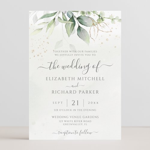 Eucalyptus Greenery Gold Leaves Botanical Wedding Invitation