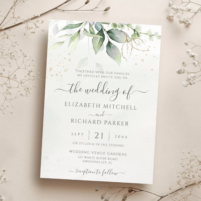Eucalyptus Greenery Gold Leaves Botanical Wedding Invitation (Creator Uploaded)
