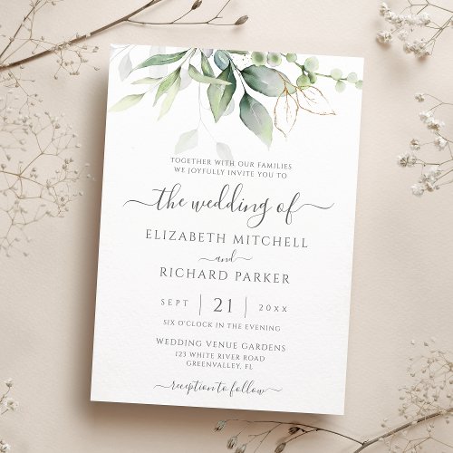 Eucalyptus Greenery Gold Leaves Botanical Wedding Invitation