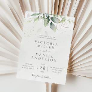Eucalyptus Greenery Gold Leaves Botanical Wedding Invitation