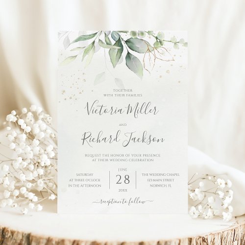 Eucalyptus Greenery Gold Leaves Botanical Wedding Invitation