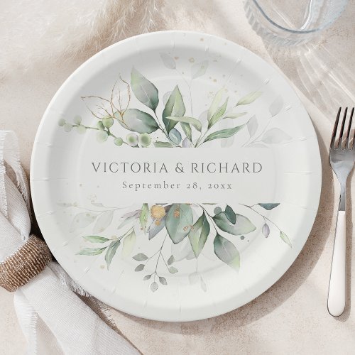 Eucalyptus Greenery Gold Leaves Botanical Wedding Paper Plates