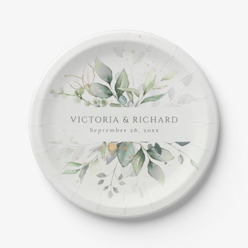 Eucalyptus Greenery Gold Leaves Botanical Wedding Paper Plates