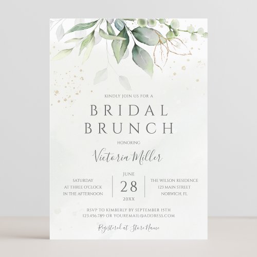 Eucalyptus Greenery Gold Leaves Bridal Brunch Invitation