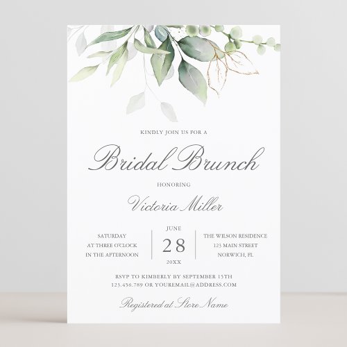 Eucalyptus Greenery Gold Leaves Bridal Brunch  Invitation