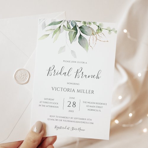 Eucalyptus Greenery Gold Leaves Bridal Brunch Invitation