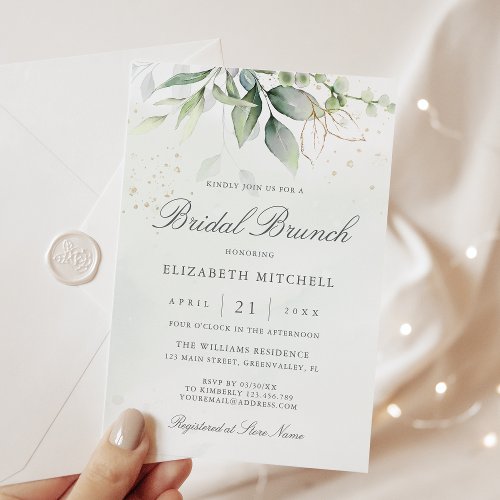 Eucalyptus Greenery Gold Leaves Bridal Brunch Invitation