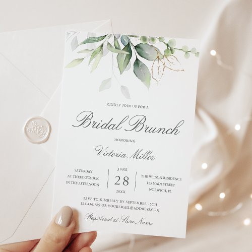 Eucalyptus Greenery Gold Leaves Bridal Brunch  Invitation