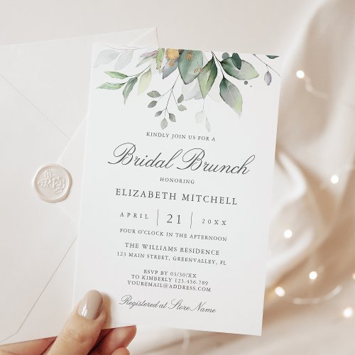 Eucalyptus Greenery Gold Leaves Bridal Brunch Invitation