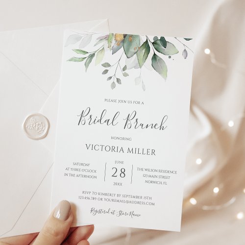 Eucalyptus Greenery Gold Leaves Bridal Brunch Invitation