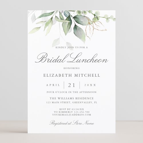 Eucalyptus Greenery Gold Leaves Bridal Luncheon Invitation