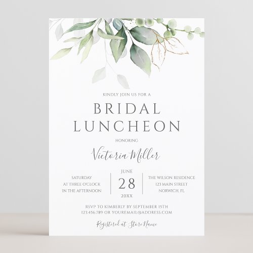 Eucalyptus Greenery Gold Leaves Bridal Luncheon Invitation