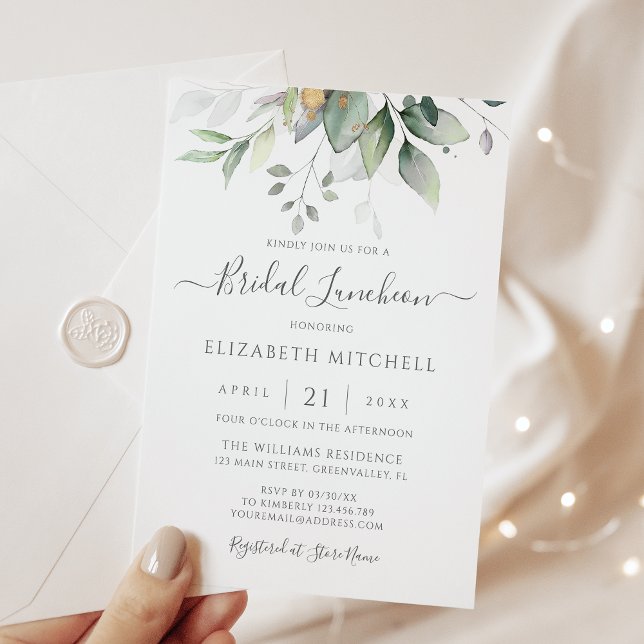 Eucalyptus Greenery Gold Leaves Bridal Luncheon Invitation (Creator Uploaded)