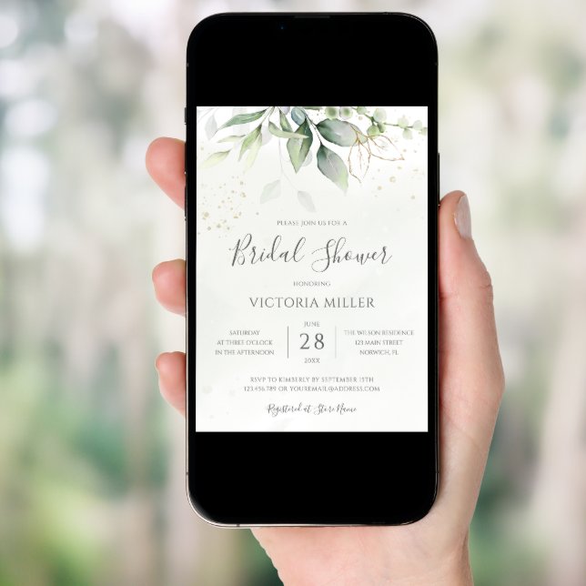 Eucalyptus Greenery Gold Leaves Bridal Shower Invitation (Front Digital)