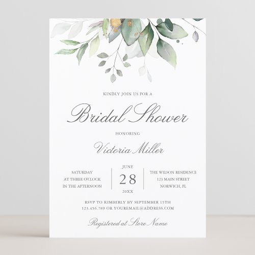 Eucalyptus Greenery Gold Leaves Bridal Shower Invitation