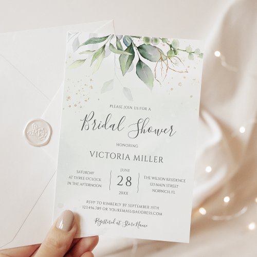 Eucalyptus Greenery Gold Leaves Bridal Shower Invitation